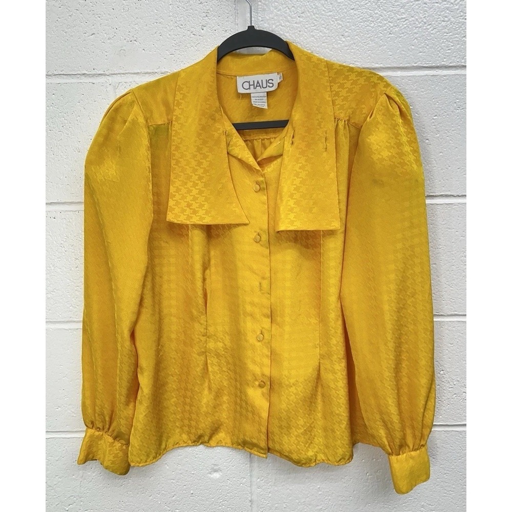 VTG CHAUS Bright Yellow Button Front Tie Neck Puff Sleeve Blouse / Size 10‎